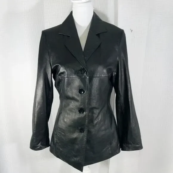 WILSONS LEATHER! RICH BLACK GENUINE LEATHER FITTED BUTTON FRONT JACKET! SZ M - Picture 2 of 12